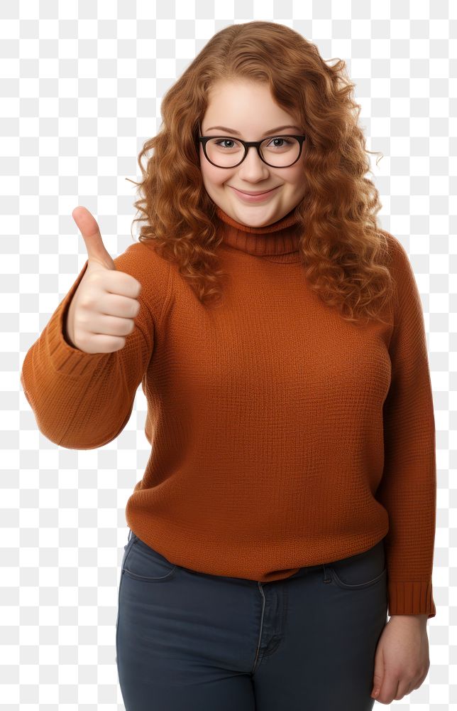 PNG A chubby young woman showing thumb up like gesture looking at the camera portrait sweater sleeve. AI generated Image by…