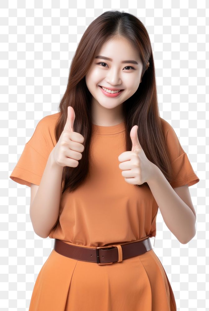 PNG A chubby young woman showing thumb up like gesture looking at the camera portrait finger smile. AI generated Image by…