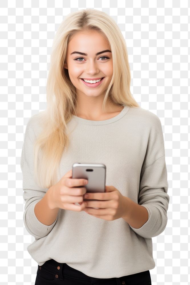 PNG A young woman holding a mobile cellphone looking at the camera portrait sweater sleeve. AI generated Image by rawpixel.