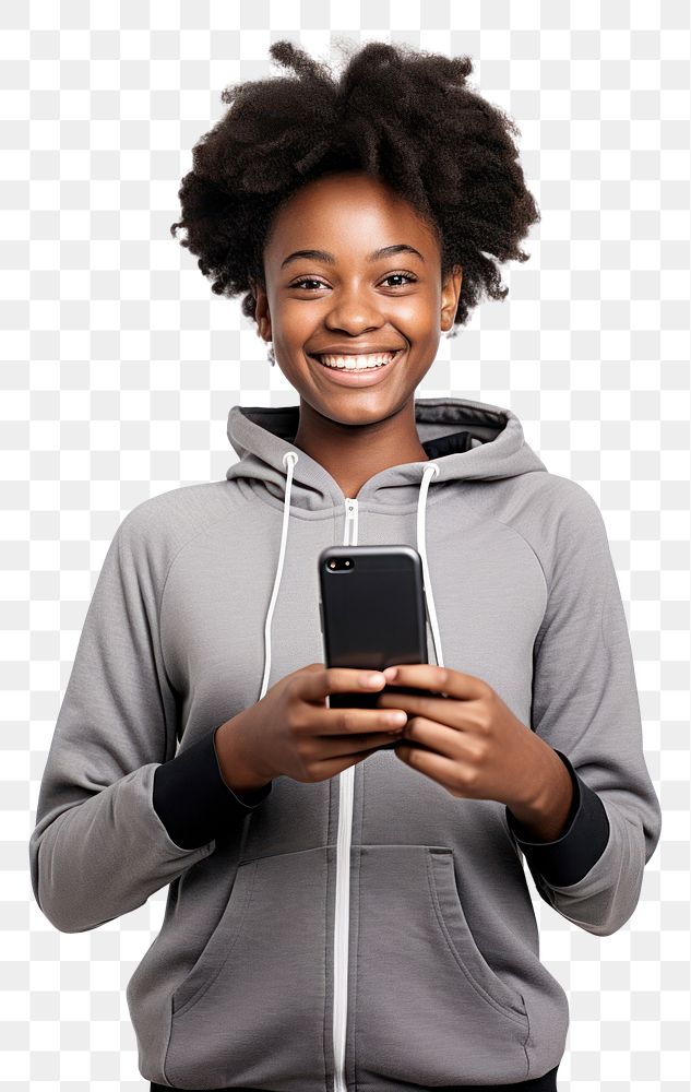 PNG A young woman holding a mobile cellphone looking at the camera portrait smile adult