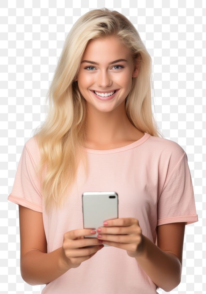 PNG A young woman holding a mobile cellphone looking at the camera portrait t-shirt blonde. AI generated Image by rawpixel.