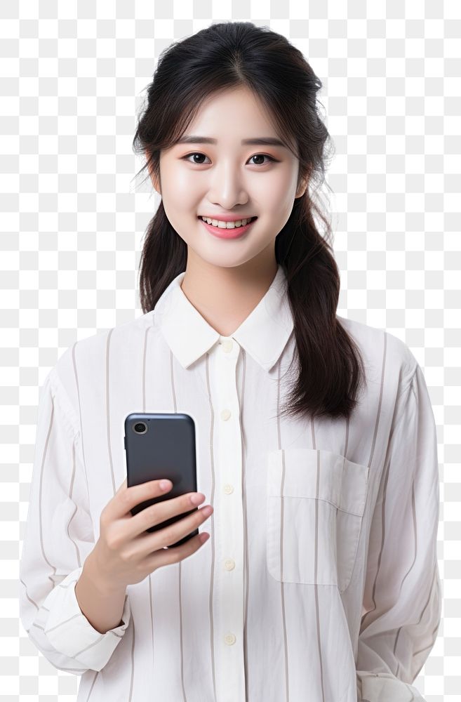 PNG A young woman holding a mobile cellphone looking at the camera blouse adult happy. AI generated Image by rawpixel.