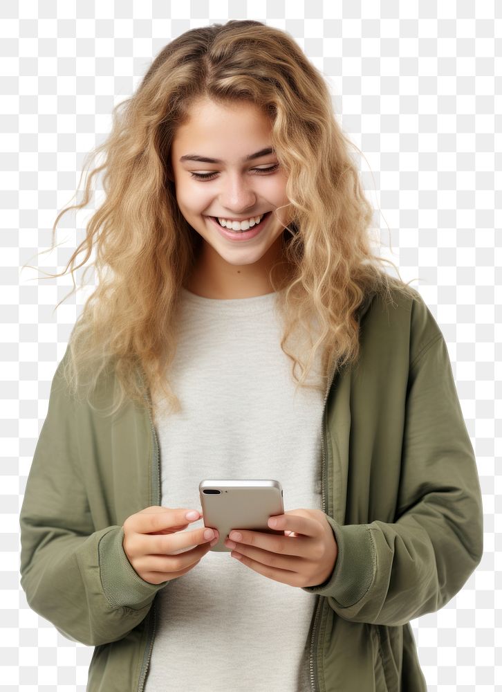 PNG A young woman holding a mobile cellphone looking at the camera portrait smile adult. AI generated Image by rawpixel.