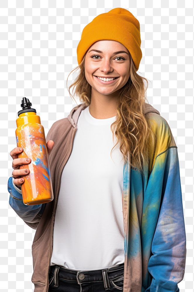 PNG A young woman holding a colour spray bottle and pointig to camera portrait smile happy. AI generated Image by rawpixel.
