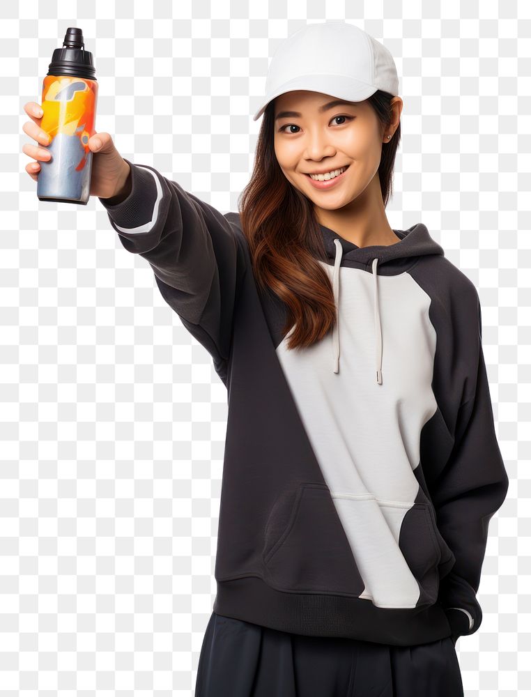 PNG A young woman holding a colour spray bottle and pointing to camera photo white background photography. AI generated…