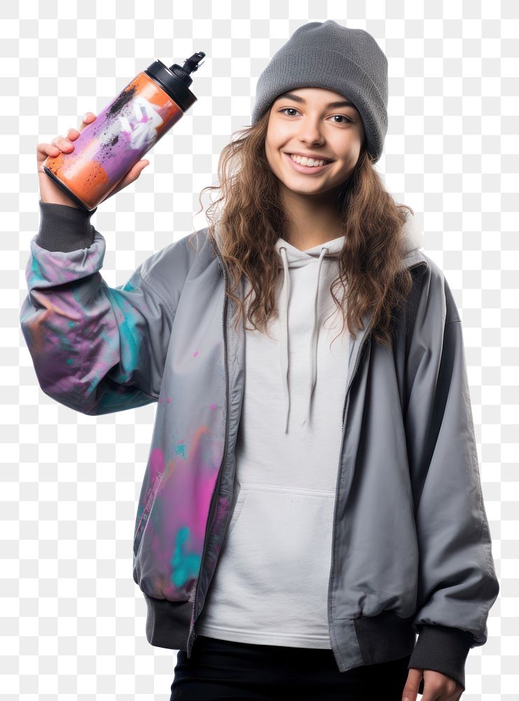 PNG A young woman holding a colour spray bottle and pointig to camera portrait photo white background. AI generated Image by…