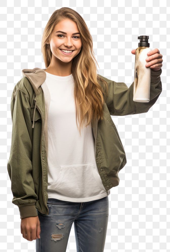 PNG A young woman holding spray bottle and hand to camera portrait sleeve jacket. AI generated Image by rawpixel.