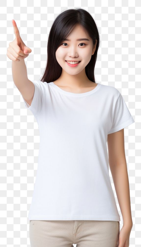 PNG A Young woman pointing finger at herself and blank white tshirt portrait t-shirt sleeve. AI generated Image by rawpixel.