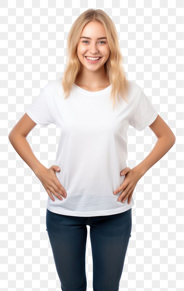 PNG A Young woman pointing finger at her blank white tshirt t-shirt sleeve blouse. AI generated Image by rawpixel.