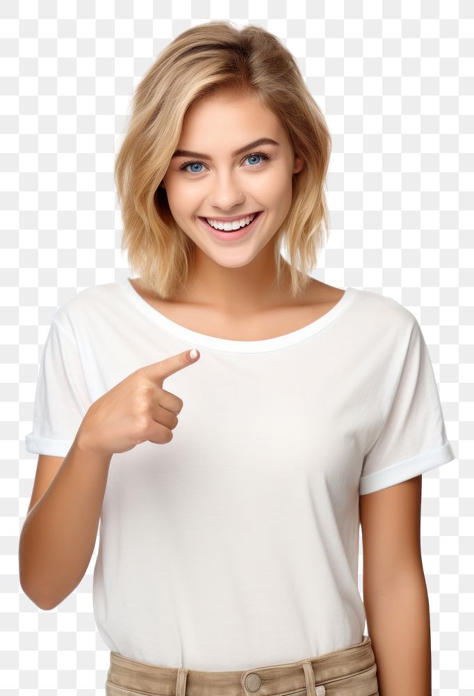 PNG A Young woman pointing index finger at her chest portrait t-shirt sleeve. AI generated Image by rawpixel.