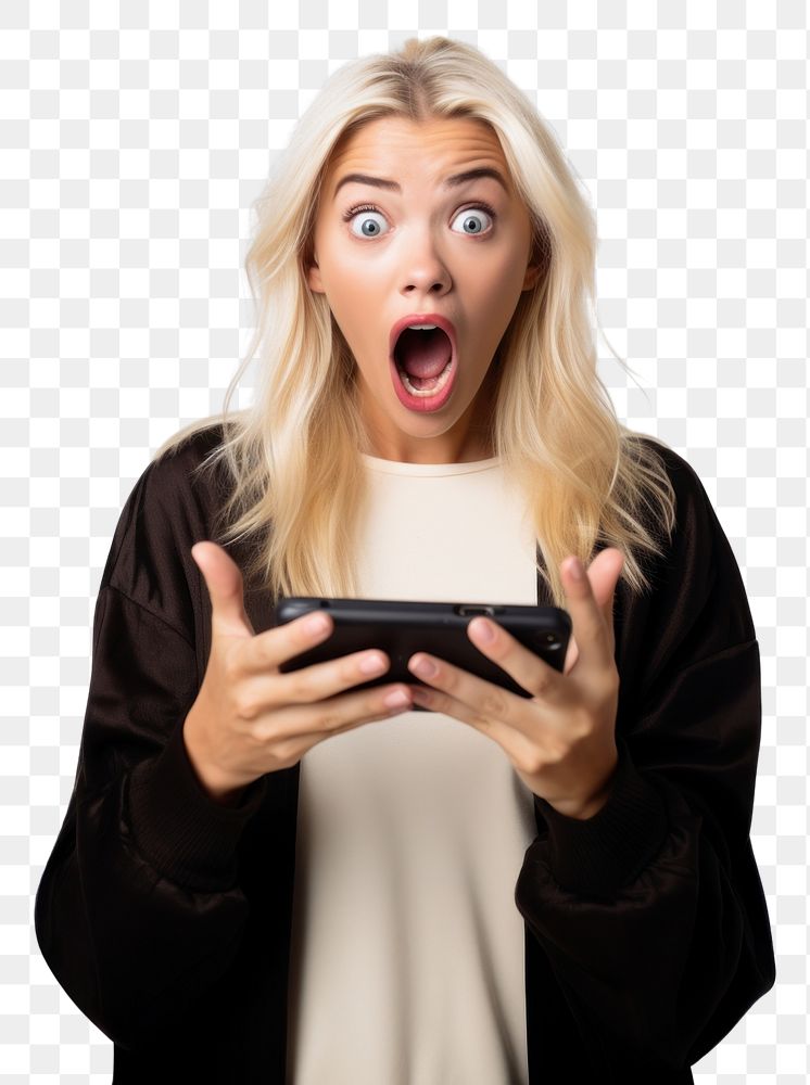 PNG A Young woman reacts to shocking news on her phone holding adult white background. AI generated Image by rawpixel.