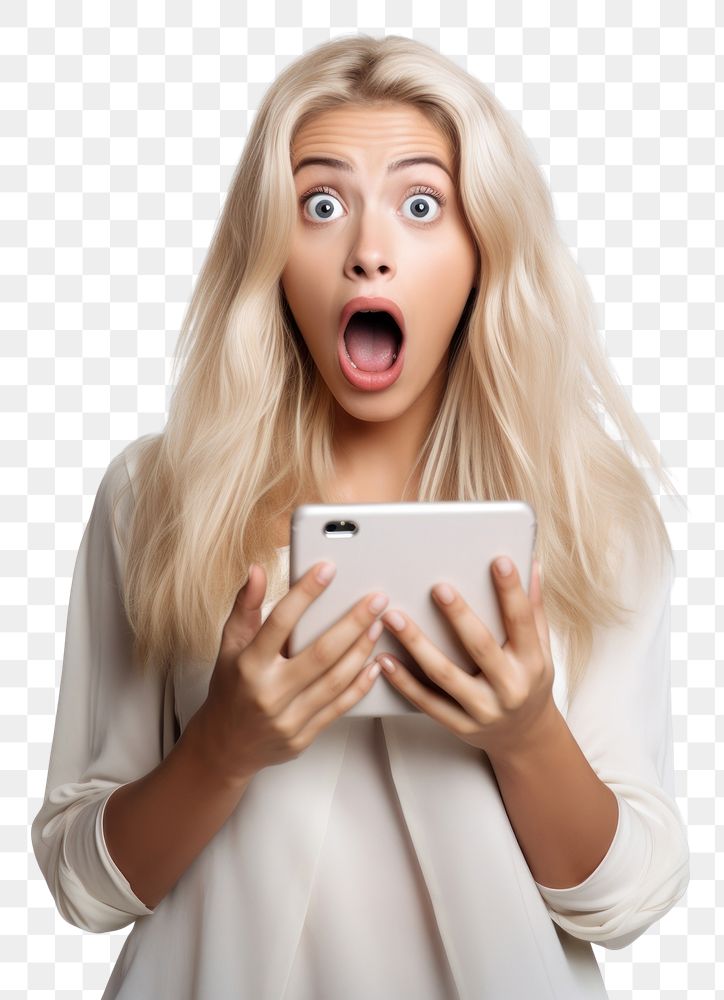 PNG A Young woman reacts to shocking news on her phone holding adult white background. AI generated Image by rawpixel.