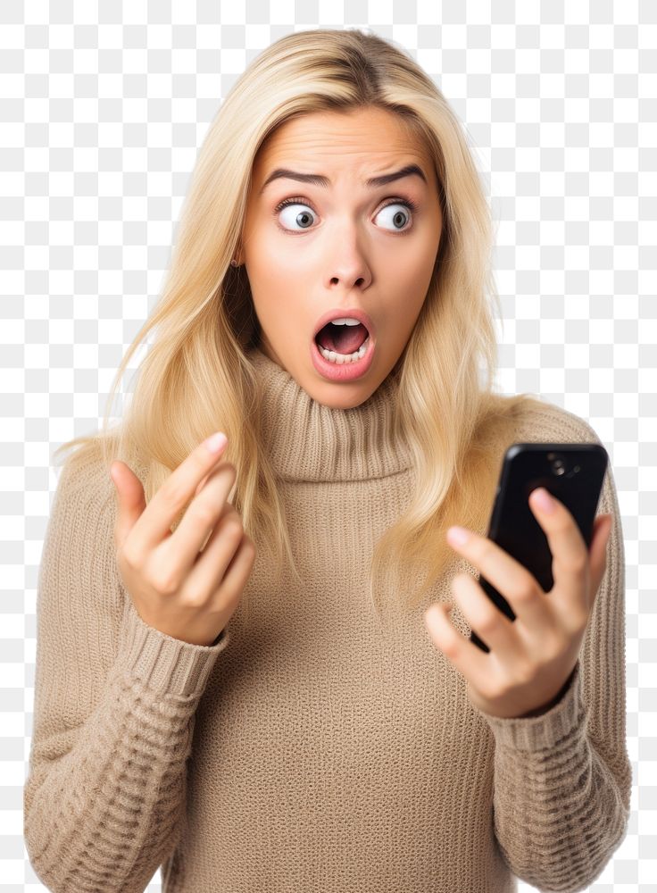 PNG A Young woman reacts to shocking news on her phone holding white background mobile phone. AI generated Image by rawpixel.
