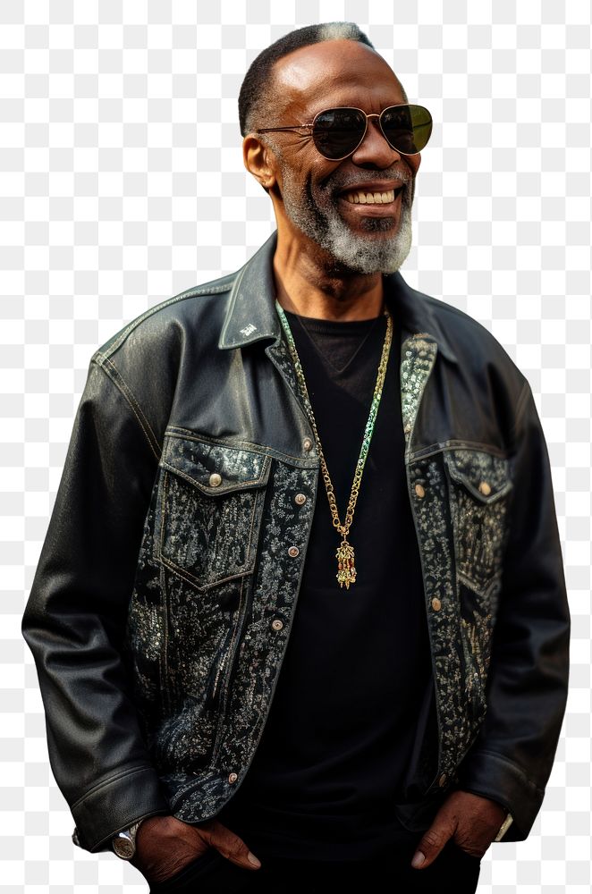 PNG  A black male elder with cool pose portrait sunglasses necklace. AI generated Image by rawpixel.