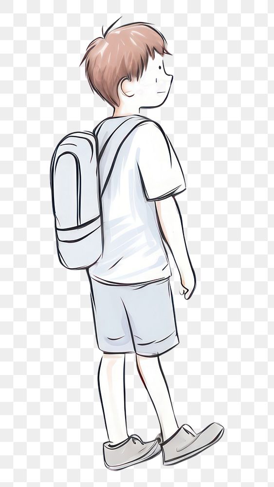 PNG Hand-drawn illustration boy carry backpack drawing sketch art.