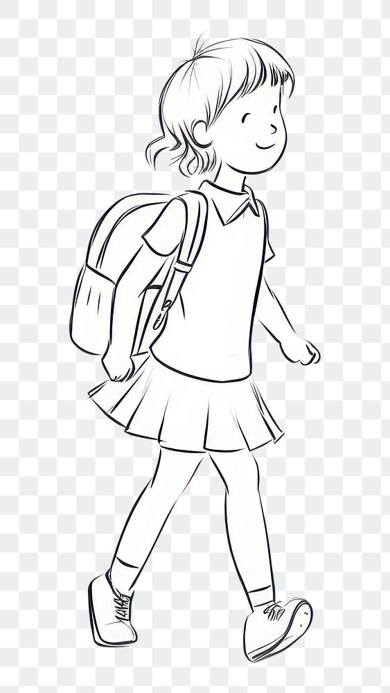 PNG Hand-drawn illustration girl holding backpack walking footwear drawing sketch.
