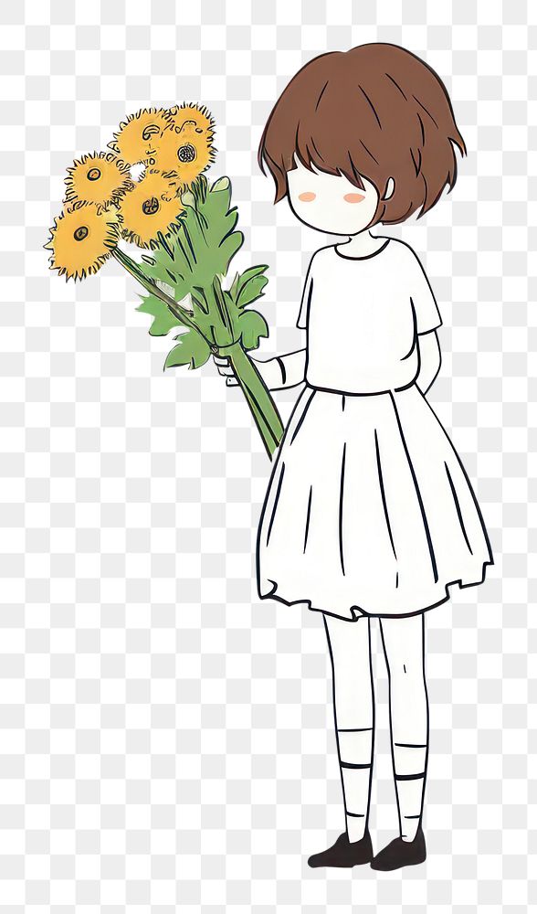 PNG Hand-drawn illustration girl smell flower bouquet drawing sketch art.