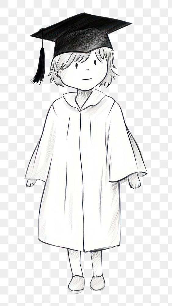 PNG Hand-drawn illustration kid wearing graduation hat drawing sketch white.