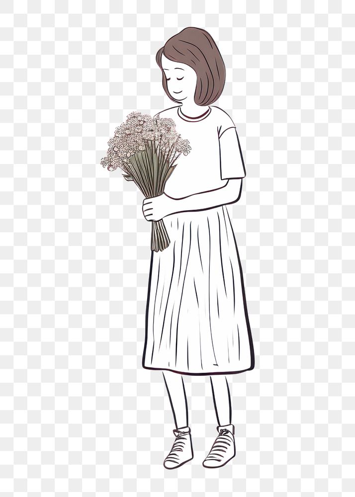 PNG Woman holding flower bouquet drawing sketch art.