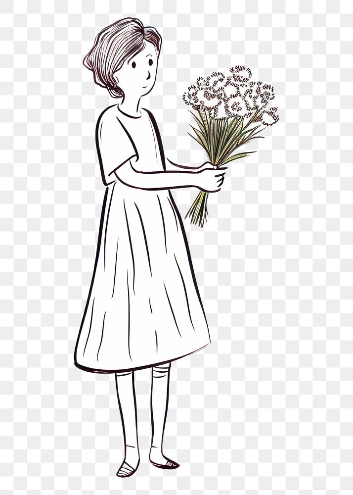 PNG Woman holding flower bouquet drawing sketch plant.