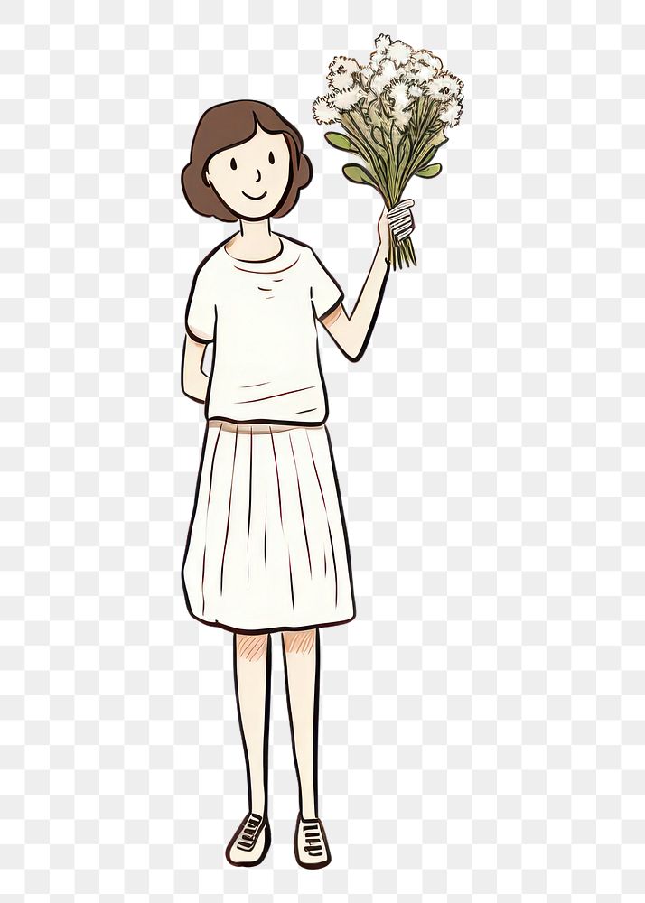 PNG Woman holding flower bouquet drawing sketch white.