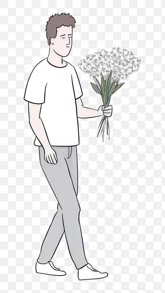 PNG Hand-drawn illustration man holding flowers while walking drawing sketch plant.