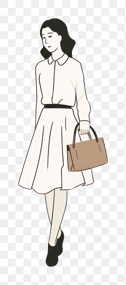 PNG Line art illustration woman holding handbag footwear purse skirt.