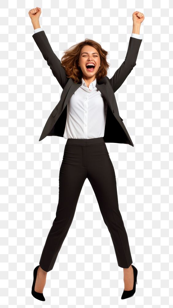 PNG  Business woman celebrationg victory footwear adult coat. AI generated Image by rawpixel.