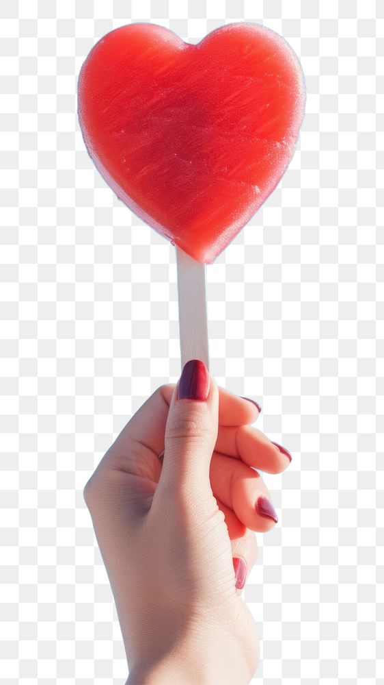 PNG Hand holding red heart shaped popsicle candy blue sky. AI generated Image by rawpixel.