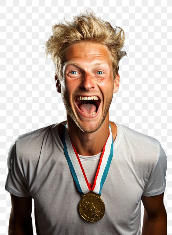 PNG  Happy runner wearing medal adult achievement accessories. AI generated Image by rawpixel.