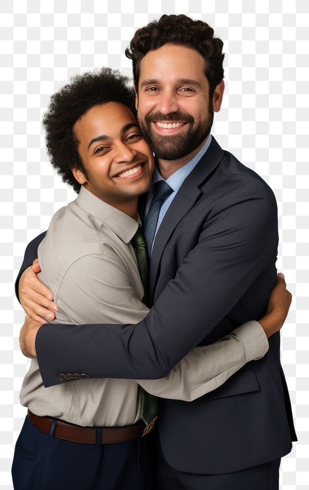 PNG  Two co-worker hugging portrait smile adult. AI generated Image by rawpixel.