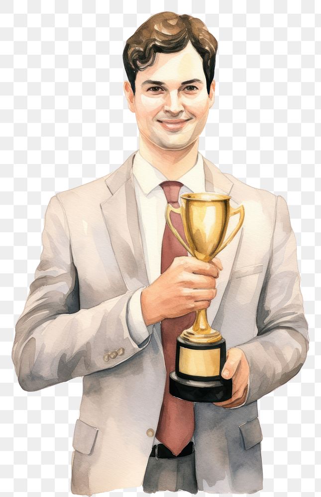 PNG  Businessman holding ip a trophy portrait smile adult. AI generated Image by rawpixel.