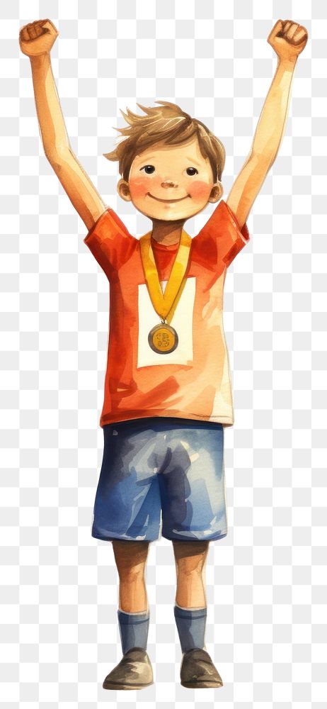 PNG  Kid runner with medal around neck shorts representation arms raised. AI generated Image by rawpixel.