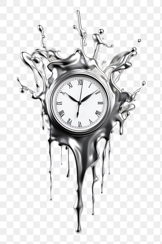 PNG 3d rendering of metallic silver *clock melting*, made of silver, floating in the air, in style of liquefy, silver…