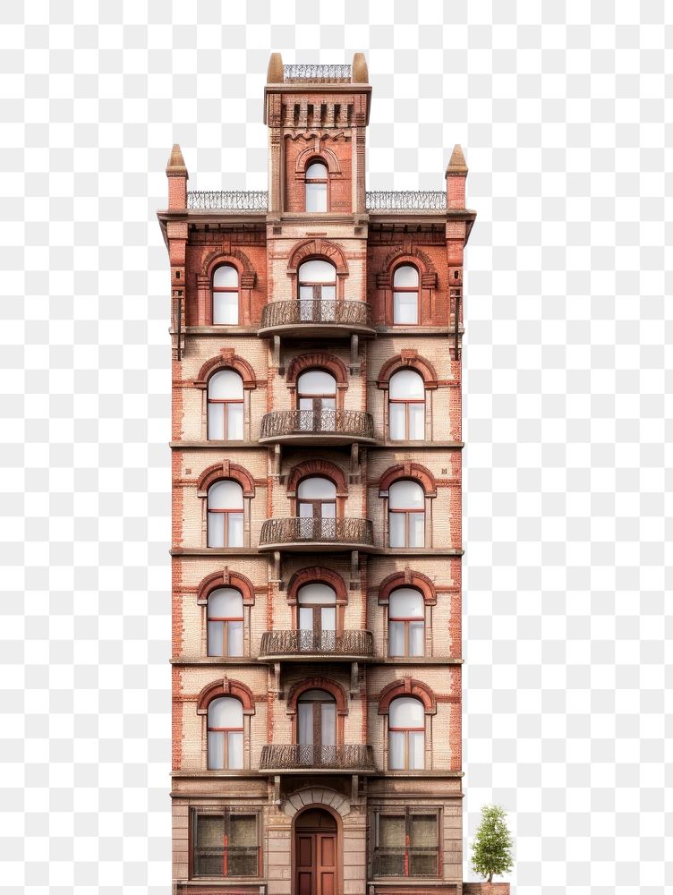 PNG  Tall brick european apartment architecture building tower.