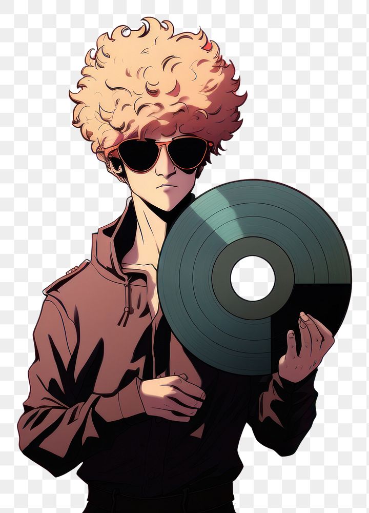 PNG  Man wearing sunglasses holding a music disk adult anime publication.