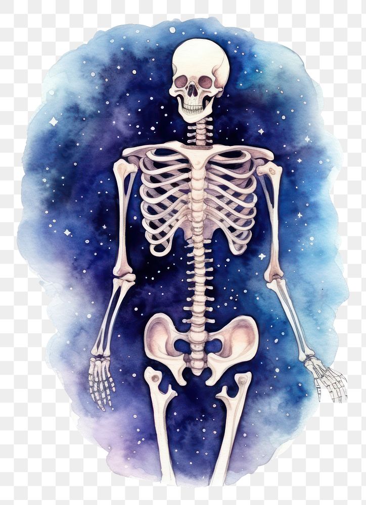 PNG  Galaxy element of skeleton in Watercolor white background anatomy cartoon.