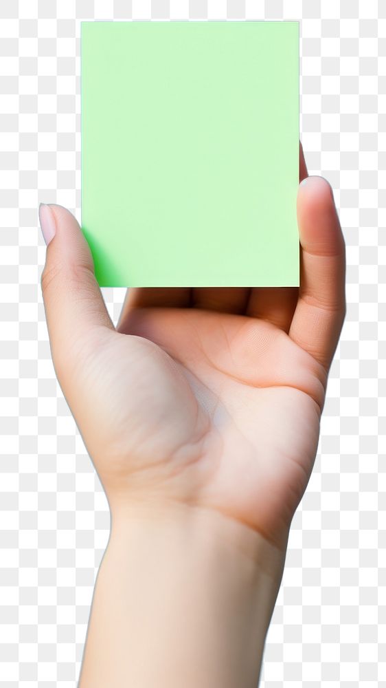 PNG  Green pastel Sticky note mockup hand holding finger.