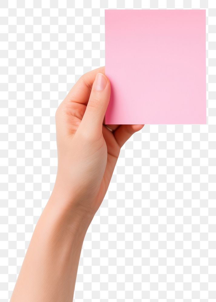 PNG  Pink pastel Sticky note mockup holding paper hand.