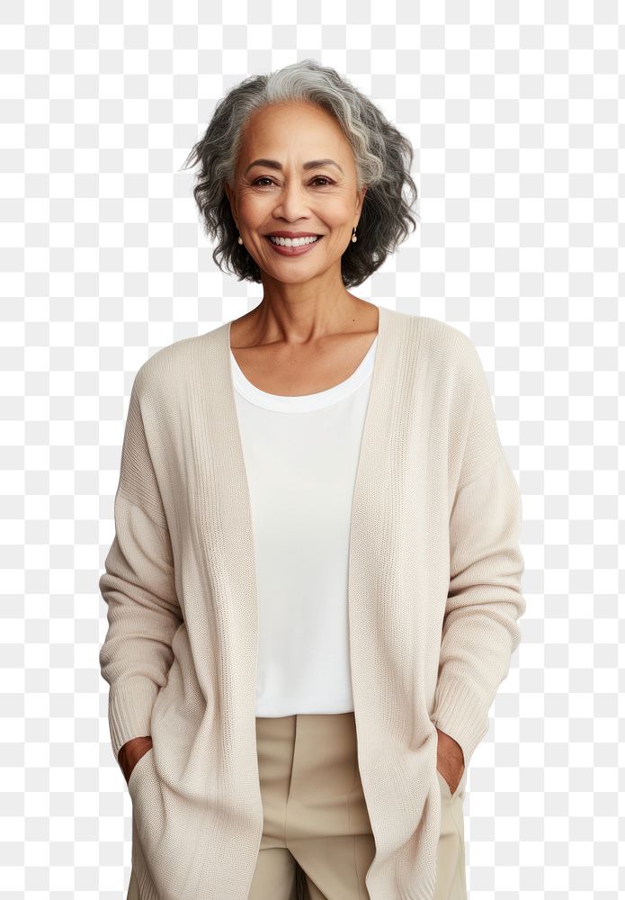 PNG  Cream cardigan mockup sweater smile retirement.