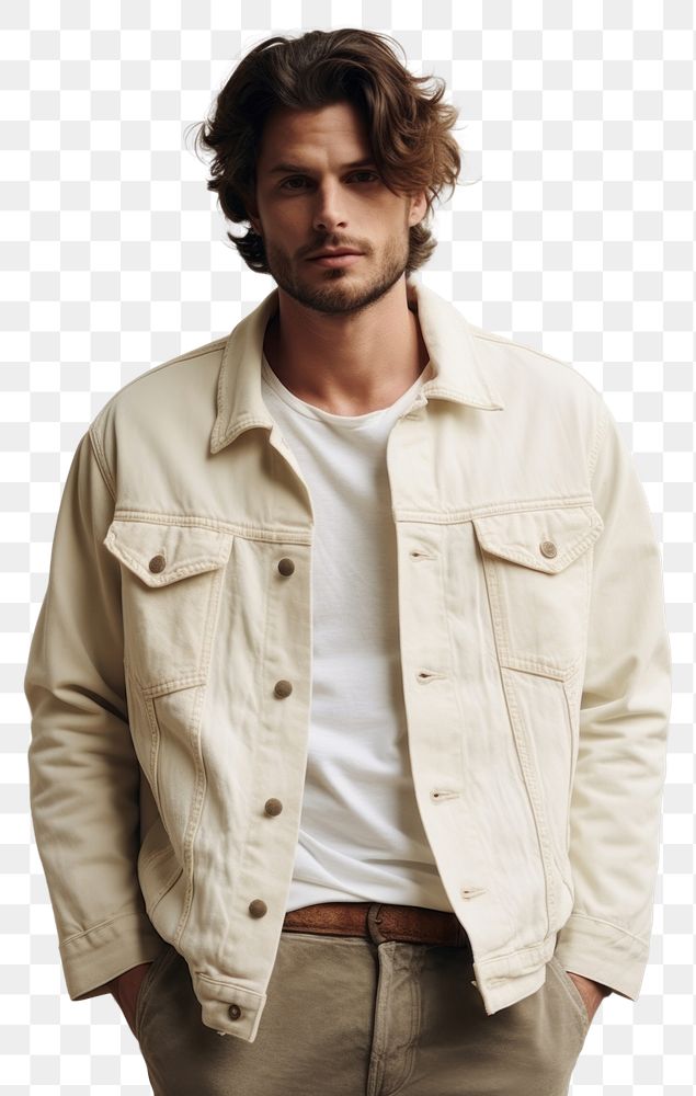 PNG Cream denim jacket mockup fashion shirt adult.