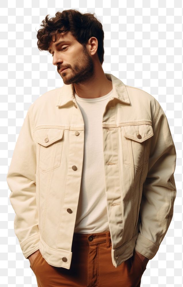 PNG Cream denim jacket mockup portrait fashion adult.