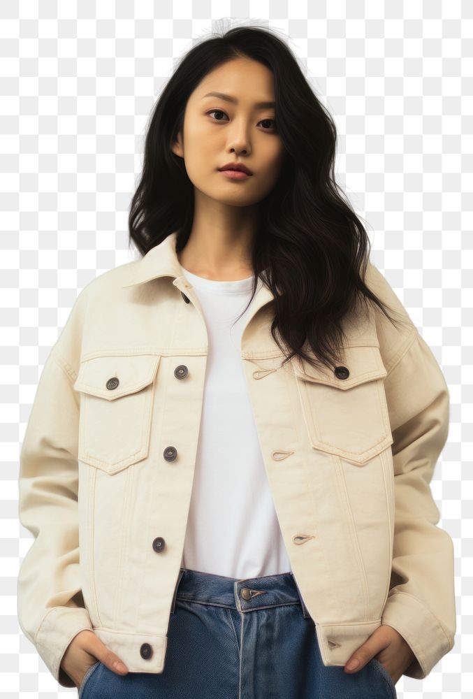 PNG Cream denim jacket mockup fashion coat individuality.