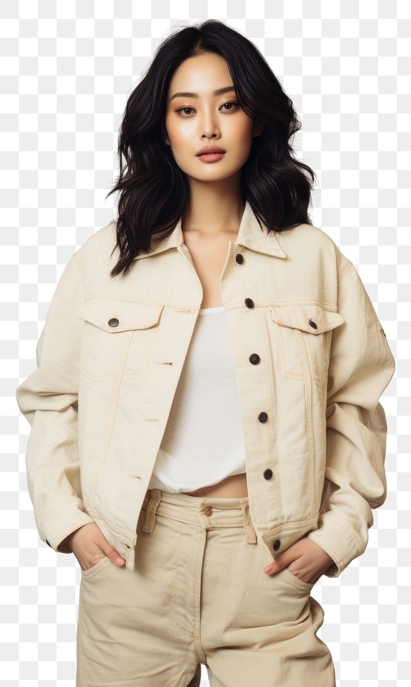 PNG Cream denim jacket mockup fashion adult woman.