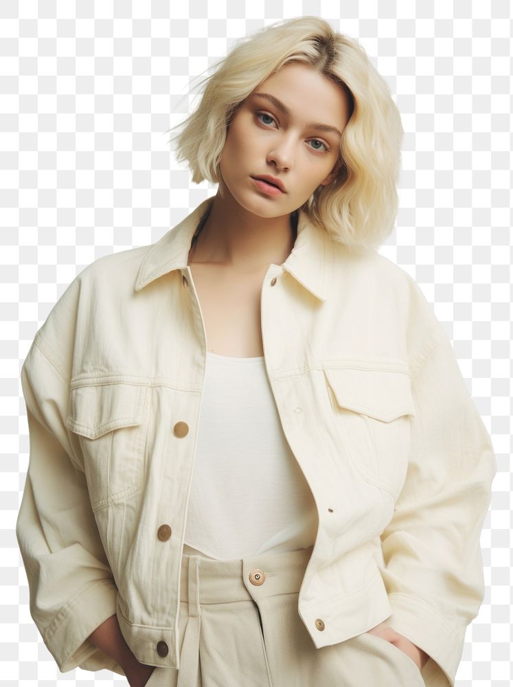 PNG Cream denim jacket mockup portrait fashion photo.