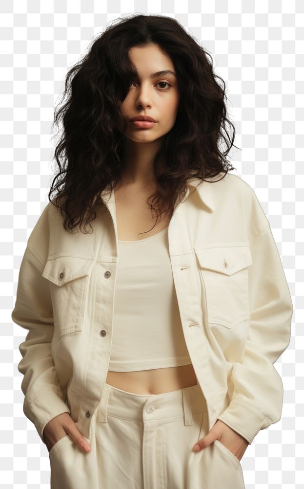 PNG Cream denim jacket mockup portrait fashion blouse.