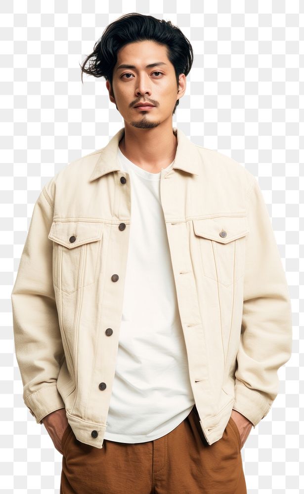 PNG Cream denim jacket mockup fashion adult man.