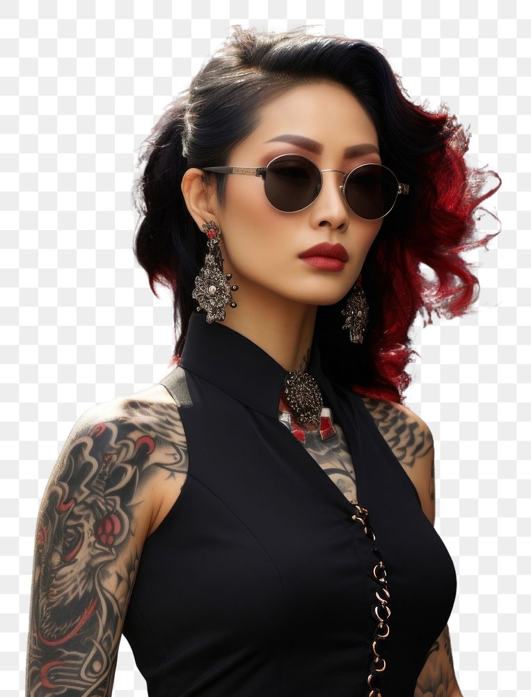 PNG Korean mafia female tattoo sunglasses necklace. AI generated Image by rawpixel.