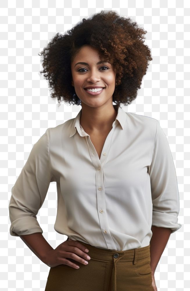 PNG African american woman smiling standing portrait blouse.