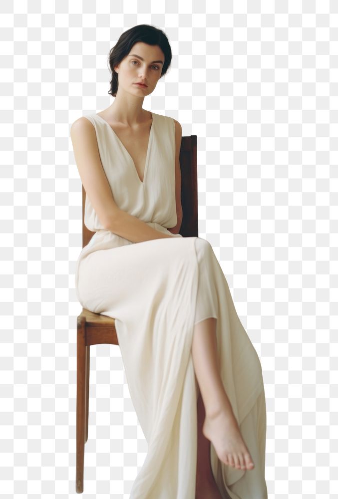 PNG Cream dress mockup fashion portrait sitting.
